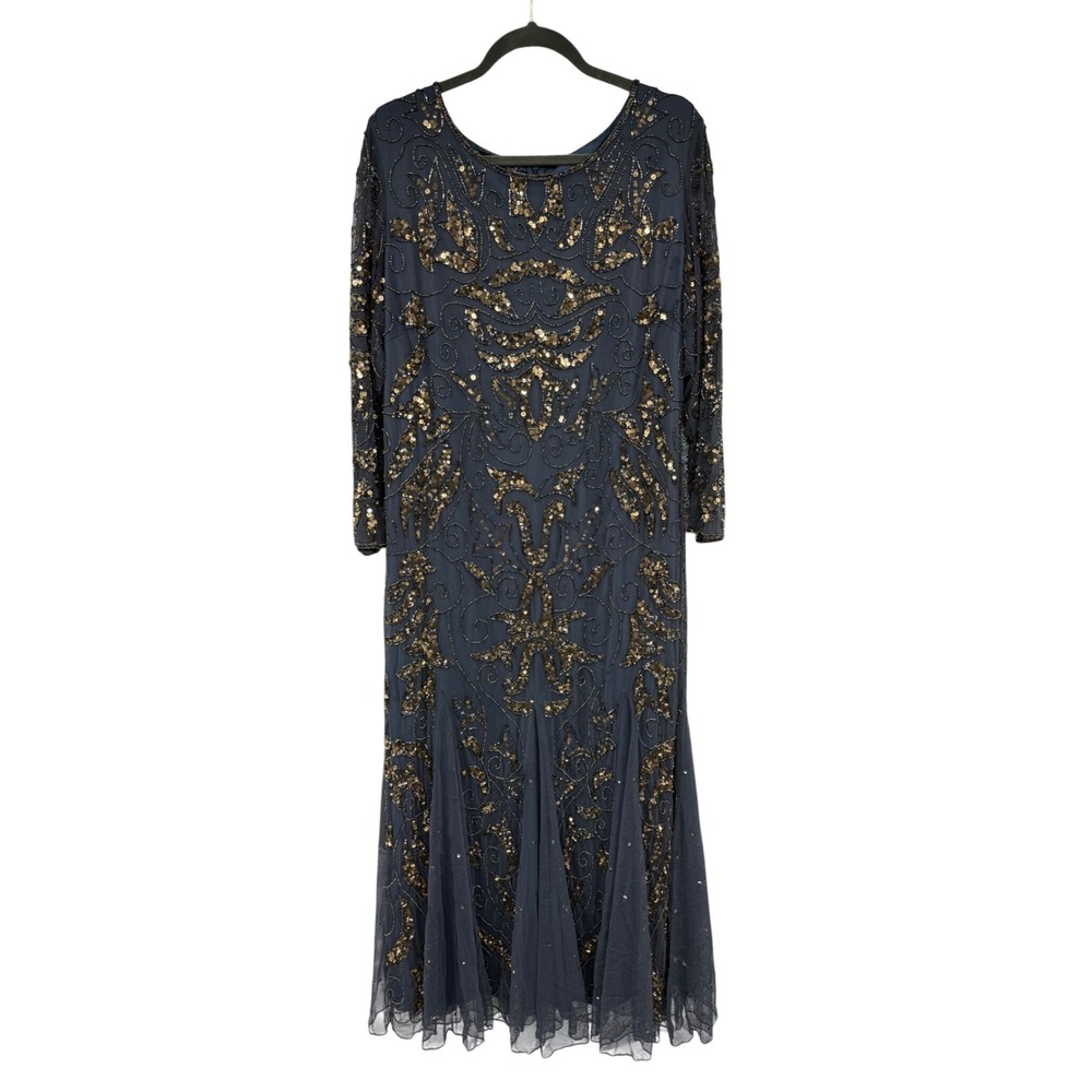 Pisarro Nights Navy Gold Sequin Beaded Gown Long Sleeve Maxi Dress Evening 16W